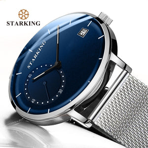 STARKING Dress Men Watch Steel Mesh Band Quartz Analog Wristwatch 3ATM Waterproof Curved Glass Blue Male Clock Relogio Masculino